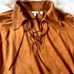 ironic | faux suede top.  Brown with faux rawhide pull on front and on cuffs.